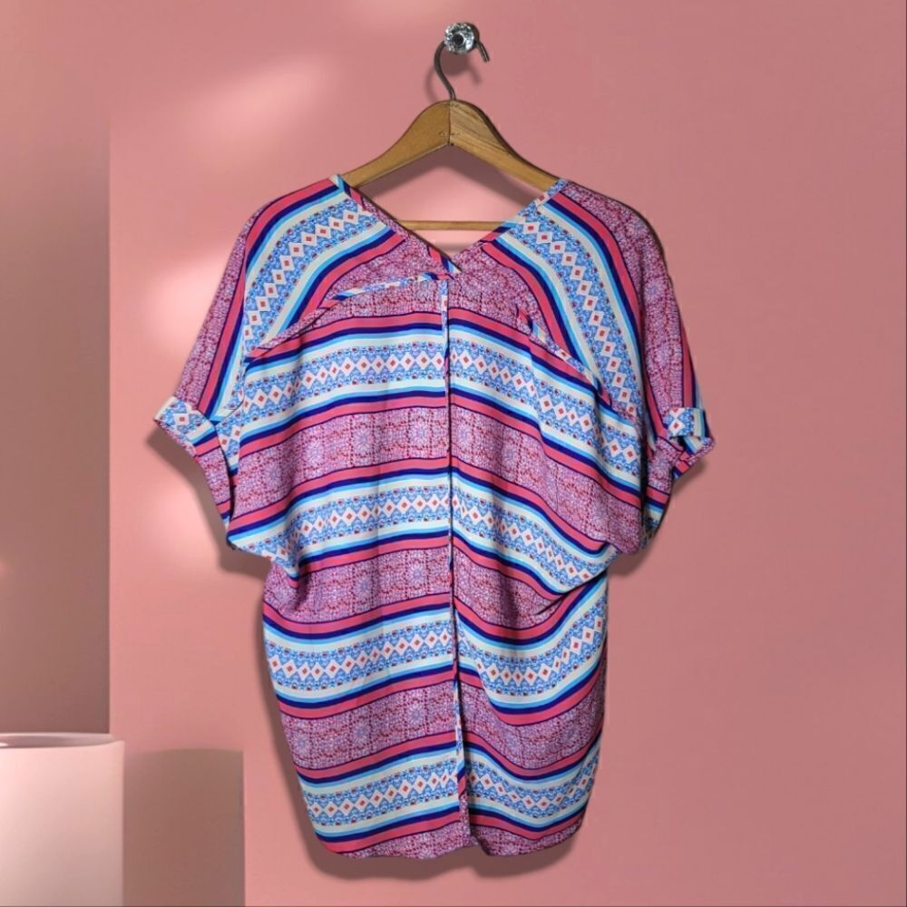 Blue Rain Stripes V-Neck Short Sleeve Blouse - Picture 2 of 5